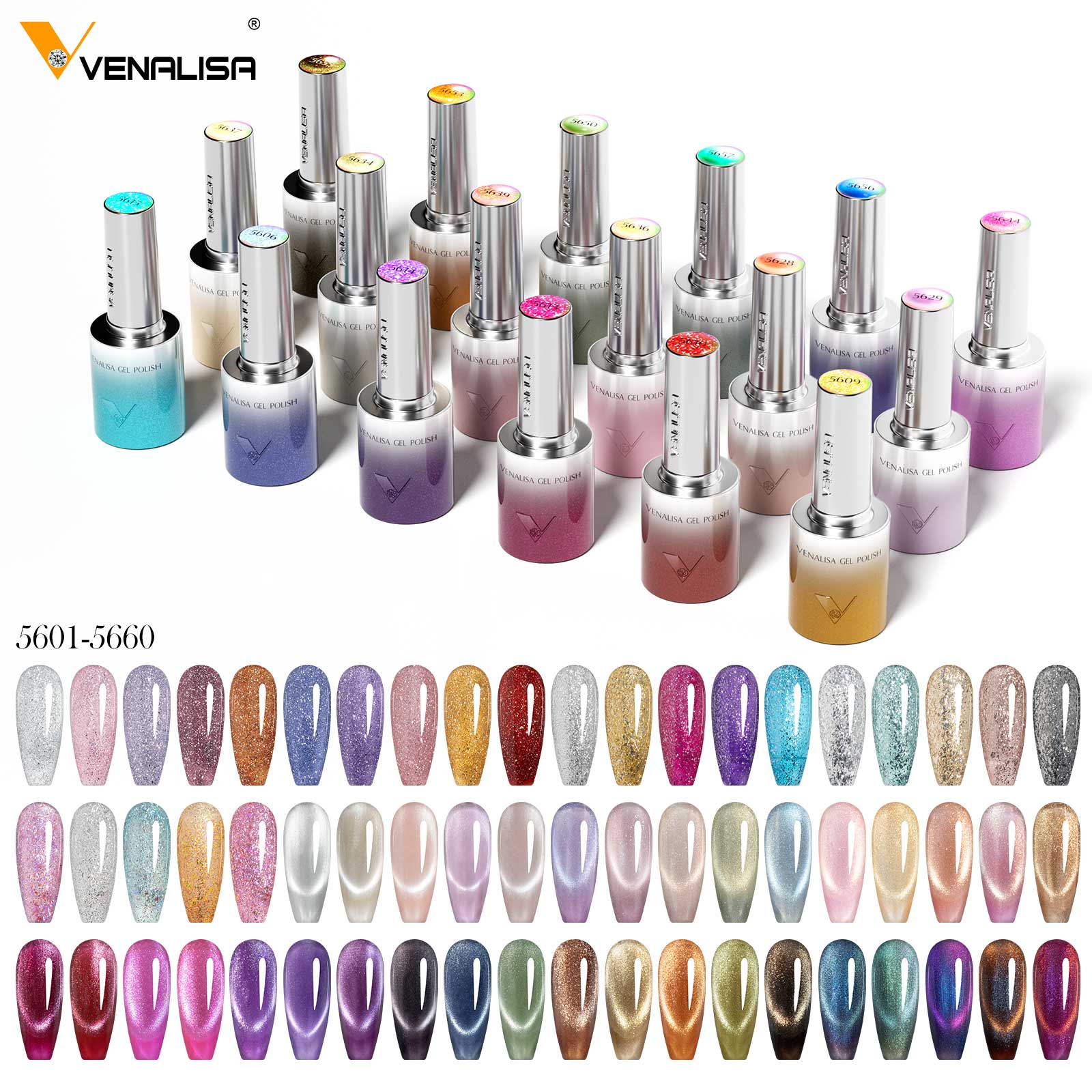 10ML Glitter & Cat Eye Gel 60 Colors Set (With Color Display)