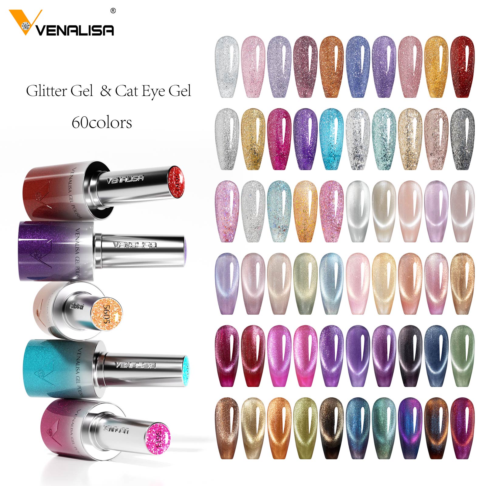 10ML Glitter & Cat Eye Gel 60 Colors Set (With Color Display)