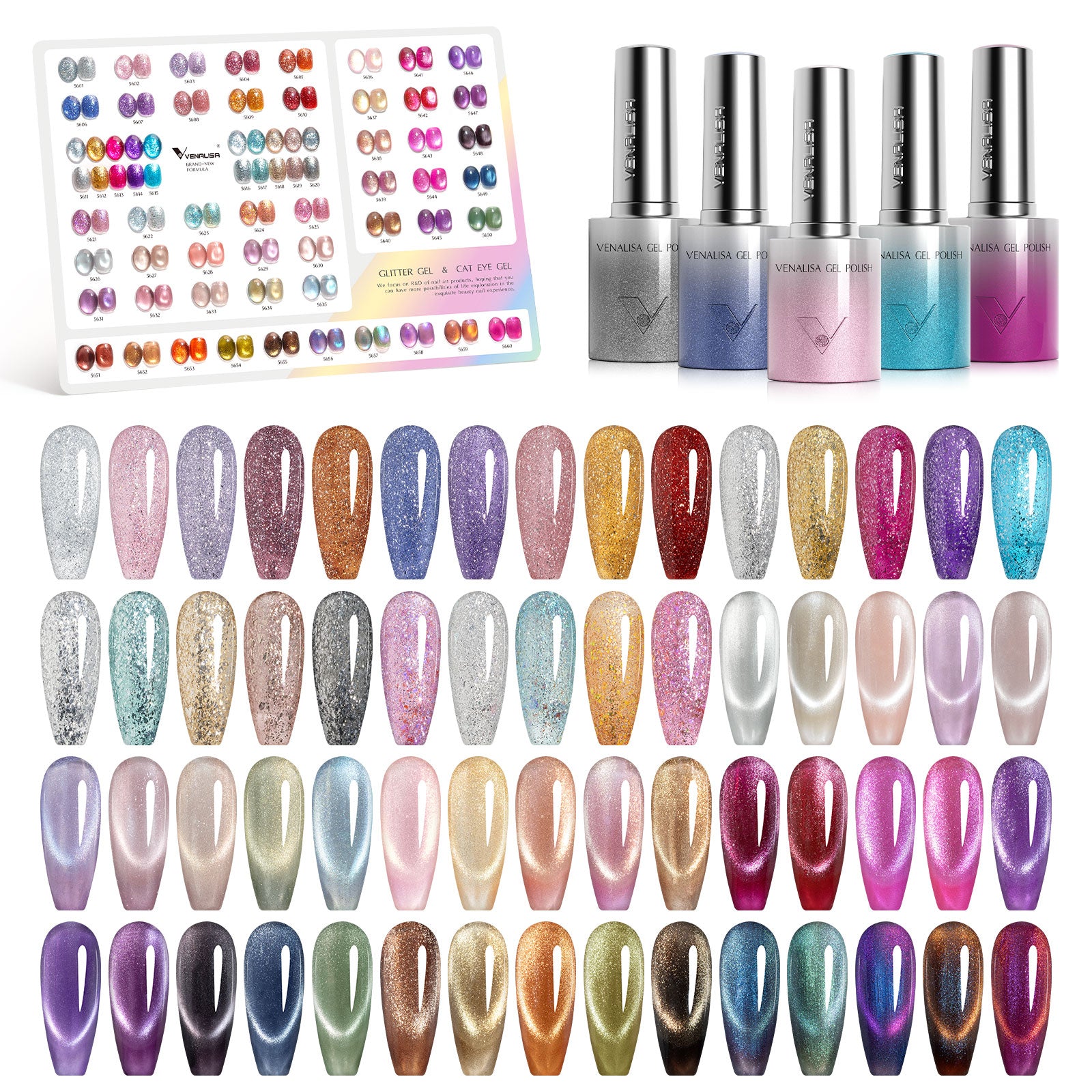 10ML Glitter & Cat Eye Gel 60 Colors Set (With Color Display)
